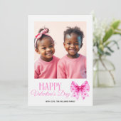 Pink bow with hearts stripes Valentine's Day photo Feestdagenkaart (Staand voorkant)