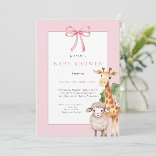 Pink Bow Woodland Animals Baby shower Kaart (Staand voorkant)