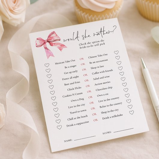 PInk Bow Would She Rather Bridal Shower Game Card Kaart