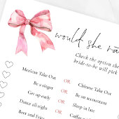 PInk Bow Would She Rather Bridal Shower Game Card Kaart