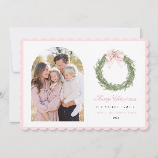 Pink Bow Wreath Christmas Feestdagenkaart (Voorkant)