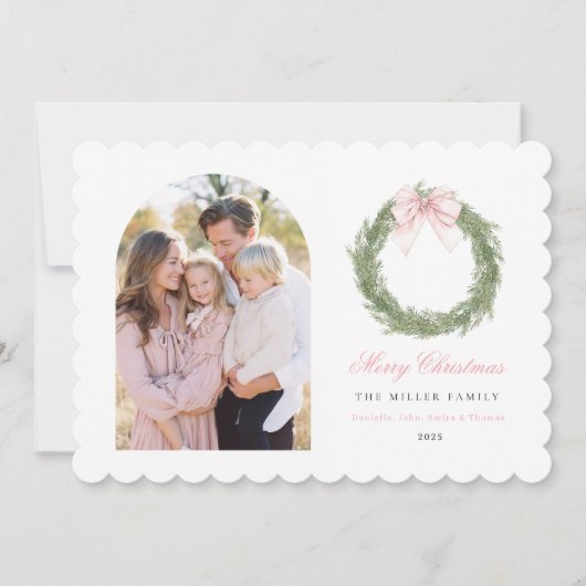 Pink Bow Wreath Christmas Feestdagenkaart (Voorkant)