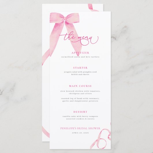 Pink Bow Ze is Tying the Knot Vrijgezellenfeest Me Menu (Voorkant / Achterkant)