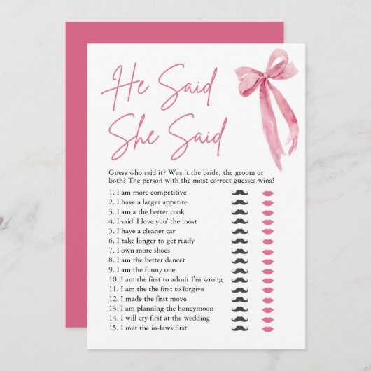 Pink Bow zei hij dat ze Vrijgezellenfeest spel zei Kaart (Voorkant / Achterkant)