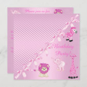 PINK BOW ZOO ANIMALS BIRTHDAY PARTIJ INVITATIE KAART (Voorkant / Achterkant)