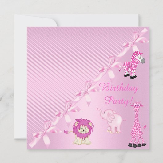 PINK BOW ZOO ANIMALS BIRTHDAY PARTIJ INVITATIE KAART (Voorkant)