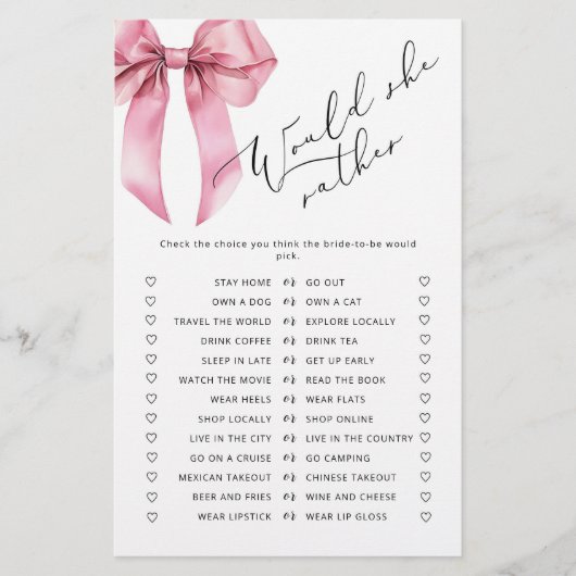 Pink Bow Zou ze liever vrijgezellenfeest spel (Voorkant)