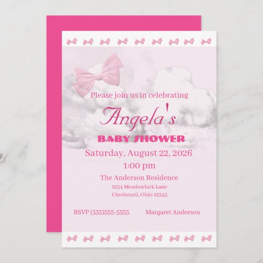 Pink Bows Baby Shower Invitation Kaart (Voorkant / Achterkant)