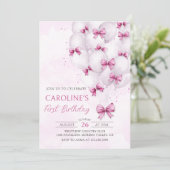 Pink Bows Balloons Girl Verjaardag Uitnodiging (Staand voorkant)