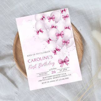 Pink Bows Balloons Girl Verjaardag Uitnodiging