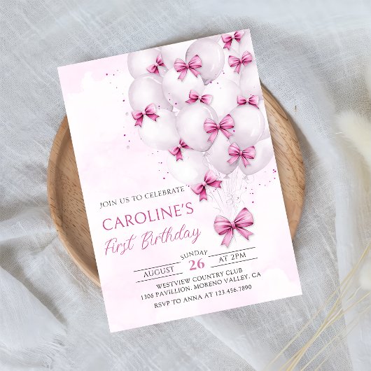 Pink Bows Balloons Girl Verjaardag Uitnodiging