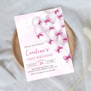 Pink Bows Balloons Verjaardag Uitnodiging