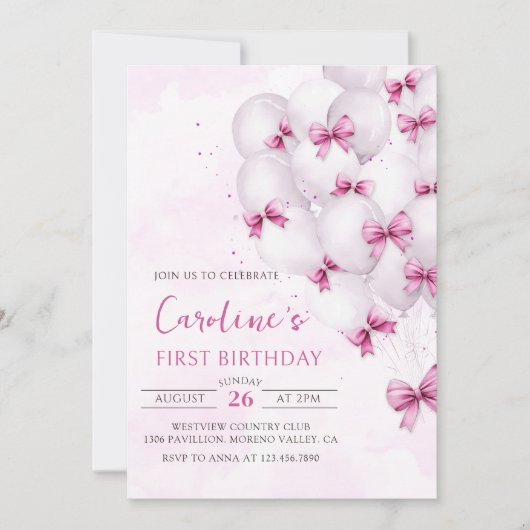 Pink Bows Balloons Verjaardag Uitnodiging (Voorkant)