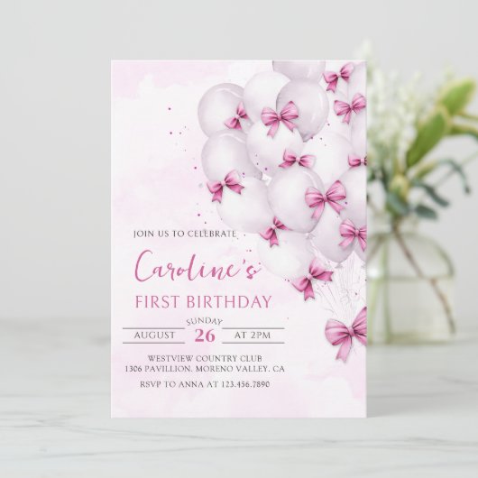 Pink Bows Balloons Verjaardag Uitnodiging (Staand voorkant)