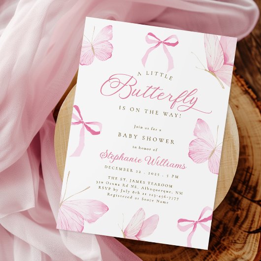 Pink Bows Butterflies Baby Shower Invitation Kaart