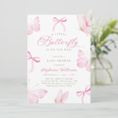 Pink Bows Butterflies Baby Shower Invitation Kaart (Staand voorkant)