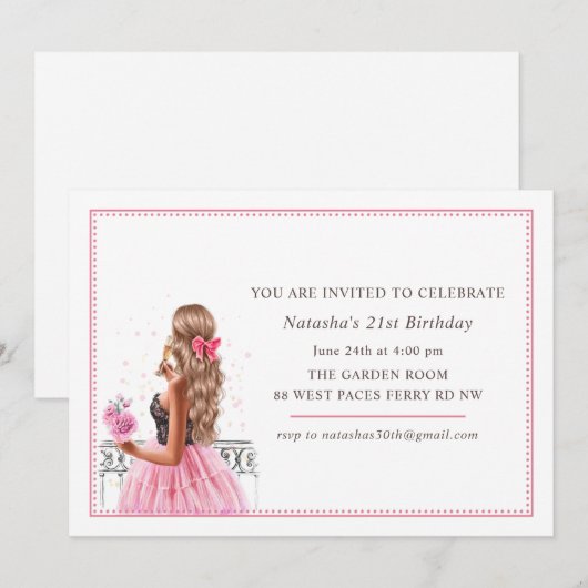 Pink Bows Champagne Verjaardagsfeest Kaart (Voorkant / Achterkant)