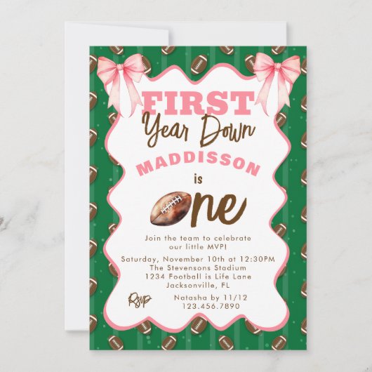 Pink Bows First Year Down Football 1st Birthday  Kaart (Voorkant)