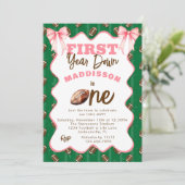 Pink Bows First Year Down Football 1st Birthday  Kaart (Staand voorkant)