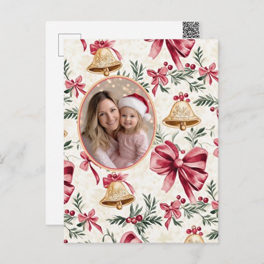 Pink Bows Gold Bells Foto Briefkaart (Voorkant / Achterkant)
