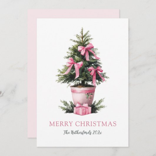 Pink Bows Merry Christmas Tree Card Feestdagenkaart (Voorkant / Achterkant)
