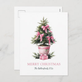 Pink Bows Merry Christmas Tree Postcard Feestdagenkaart