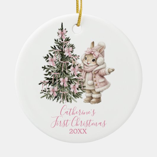 Pink Bows Pine Tree Christmas Bunny Winter Keramisch Ornament (Voorkant)