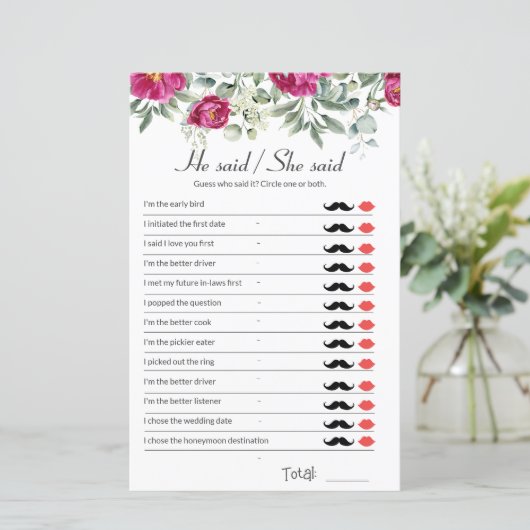 Pink Bridal Shower Game He Said She Said (Staand voorkant)