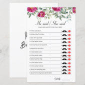 Pink Bridal Shower Game He Said She Said (Voorkant / Achterkant)