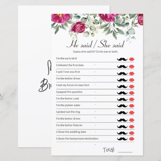 Pink Bridal Shower Game He Said She Said (Voorkant / Achterkant)