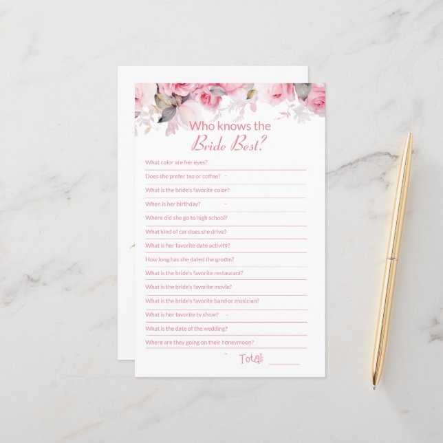 Pink Bridal Shower How well do you know Game Card (Voorkant / Achterkant in situ)