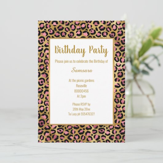 PINK BRIGHT LEOPARD GOLD ALL OCCASION BIRTHDAY KAART (Staand voorkant)