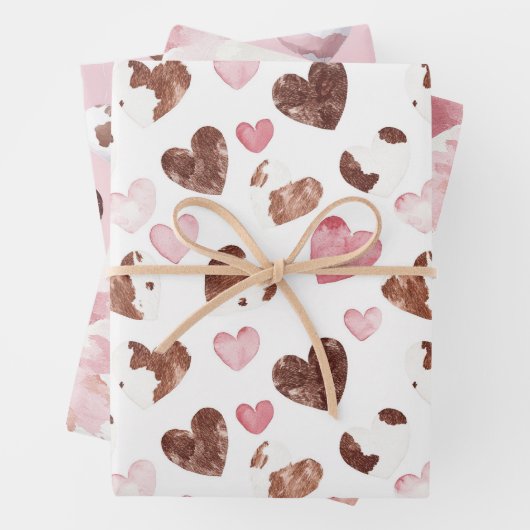 Pink Brown Cocoa Cow Print Hearts Birthday Inpakpapier Vel (In situ)