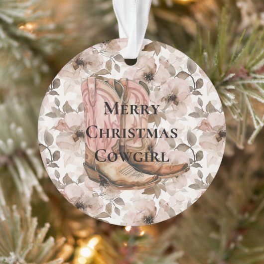 Pink Brown Cowgirl Boots Floral Christmas Ornament (Boom)