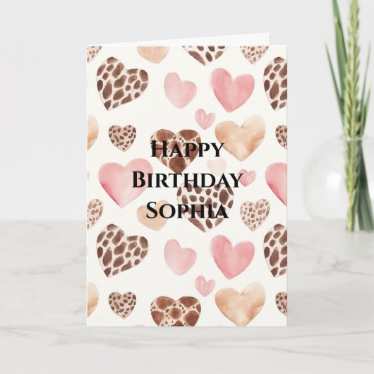 Pink Brown Cream Leopard Animal Hearts Birthday Kaart (Voorkant)
