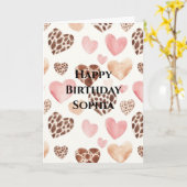 Pink Brown Cream Leopard Animal Hearts Birthday Kaart (Gele Bloem)