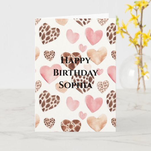 Pink Brown Cream Leopard Animal Hearts Birthday Kaart (Gele Bloem)