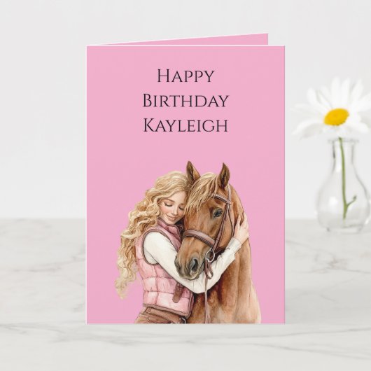Pink Brown Horse Blond Hair Girl Birthday Kaart (Kleine Plant)