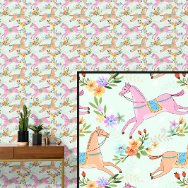 Pink Brown Horses & Flowers Behang