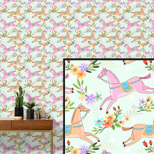 Pink Brown Horses & Flowers Behang