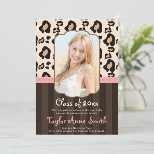 PINK BROWN LEOPARD AFSTUDEREN ANNOUNCEMENT INVITE KAART (Staand voorkant)