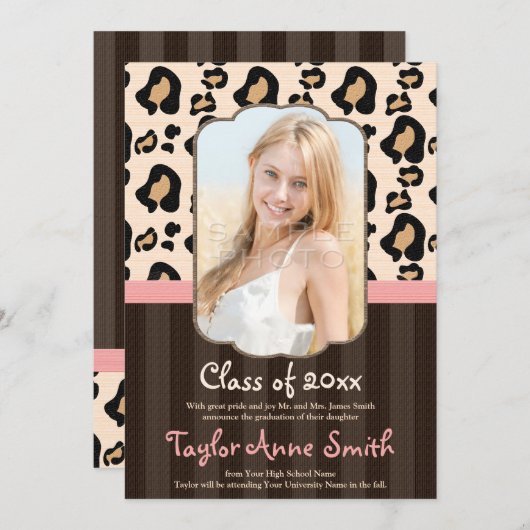 PINK BROWN LEOPARD AFSTUDEREN ANNOUNCEMENT INVITE KAART (Voorkant / Achterkant)