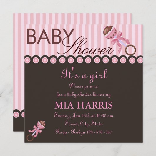 Pink & Brown Rattle Design Baby shower Uitnodiging (Voorkant / Achterkant)