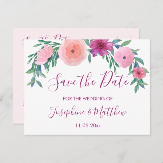 PInk Bruiloft Bloemen Save the Date Aankondigingskaart (Voorkant / Achterkant)