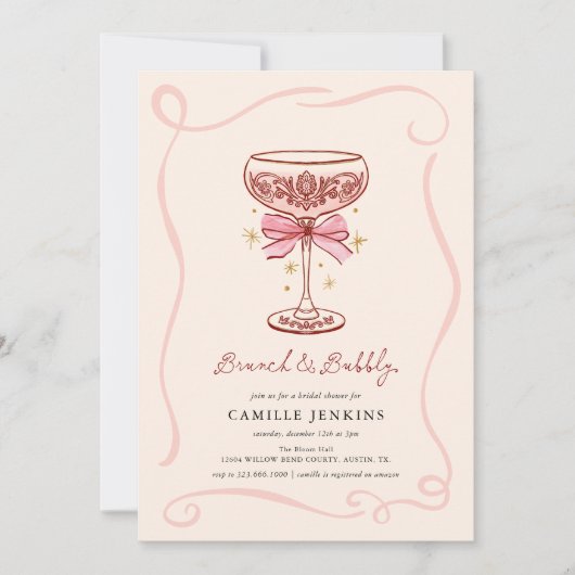 Pink Brunch and Bubbly Bridal Shower Invitation Kaart (Voorkant)