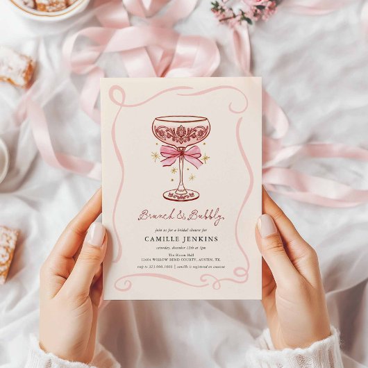 Pink Brunch and Bubbly Bridal Shower Invitation Kaart