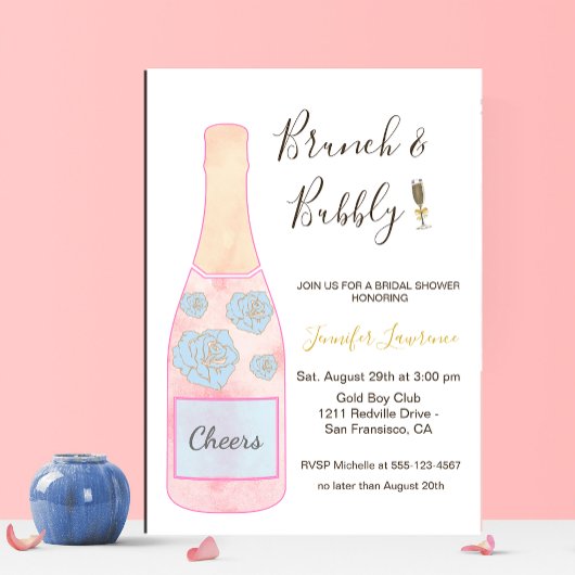 Pink Brunch Bubbly Champagne Bottle Bridal Shower Kaart