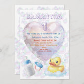 Pink Bubble Duck 1st Birthday Invite Kaart (Voorkant / Achterkant)