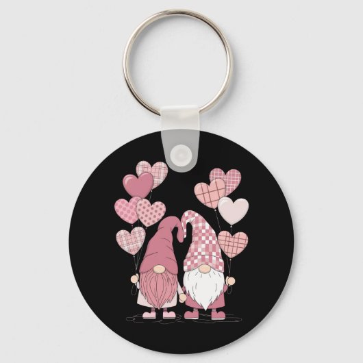 Pink Buffalo Plaid Heart Gnomes Valentijnsdag Sleutelhanger (Voorkant)