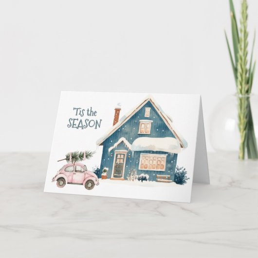 Pink Bug Car Brings the Tree Christmas Feestdagen Kaart (Voorkant)